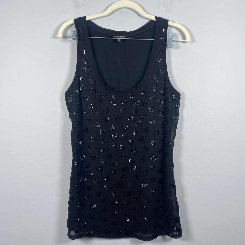 Expressβ Black Lined Sequin Heart Sleeveless Tank Top Shell Sz S Office Party